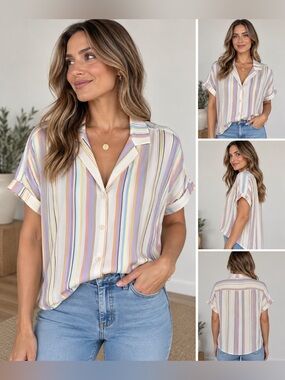Farwest Short-Sleeve Pastel Stripe Button-Down Shirt